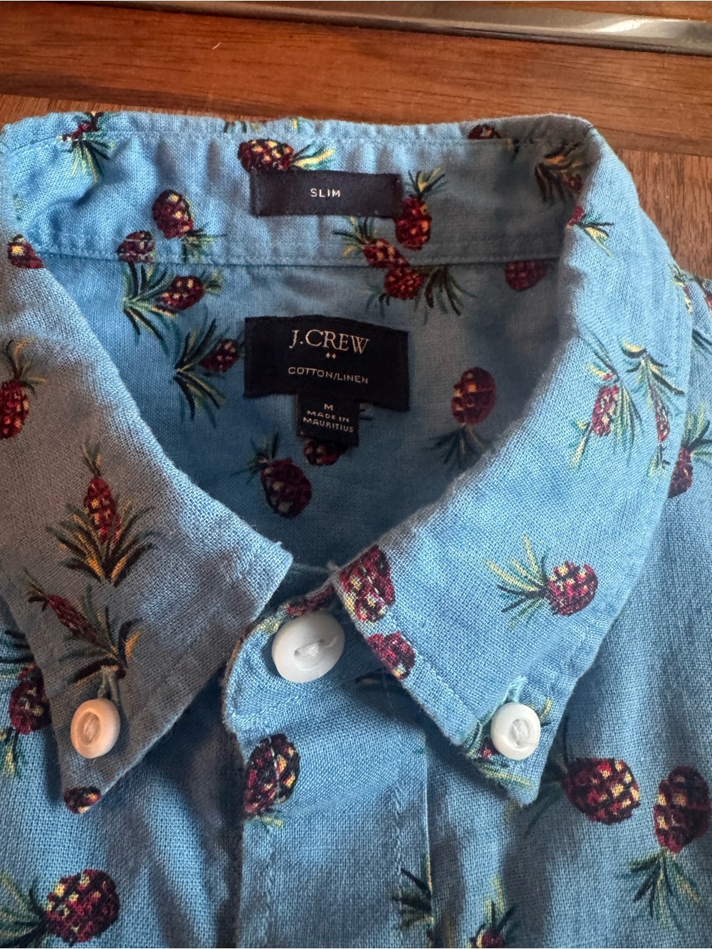 J. Crew SLIM Light Blue Linen-Cotton Shirt with Pineapple Motif